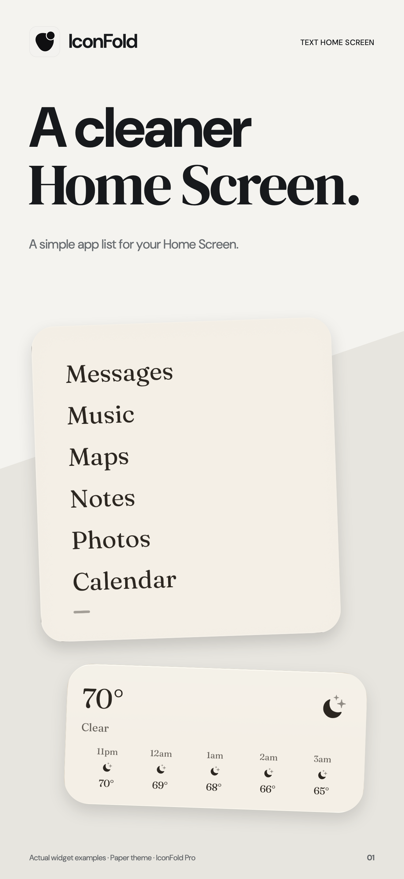 IconFold promotional image showing its Paper-theme app-list and weather widgets